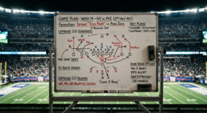 A professional editorial-style photograph featuring a tactical whiteboard with complex football form