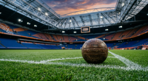 A high-end editorial composition featuring a weathered, vintage leather football resting on a modern