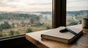 A professional, editorial-style photograph of a minimalist notebook and a fountain pen resting on a