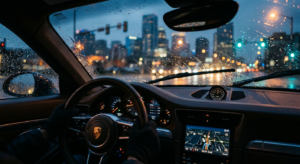 A cinematic, high-quality editorial shot of a car's dashboard interior at dusk, captured through a r
