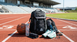 A high-quality, professional editorial shot of a young athlete's stylish, heavy-duty sports backpack