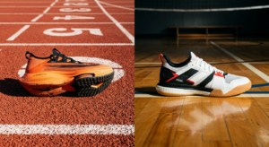 A professional editorial shot comparing a specialized running shoe on an outdoor track beside a slee