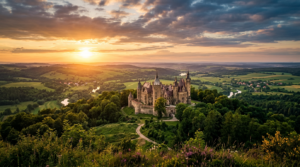 A wide-angle, atmospheric editorial shot of a mystical medieval castle nestled in the lush, rolling
