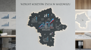 A professional editorial-style wide shot featuring a stylized map outline of the Masovian Voivodeshi