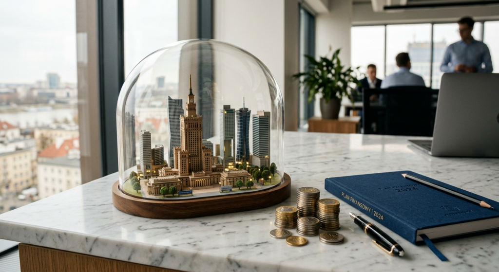 A professional, editorial-style conceptual photograph featuring a stylized miniature model of a mode