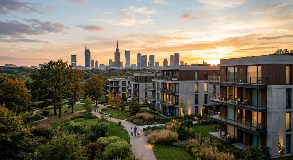 A high-end editorial photograph of a contemporary minimalist residential complex surrounded by green