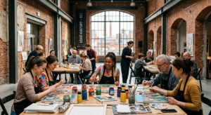 A professional, editorial-style photograph capturing a vibrant, modern creative workshop taking plac