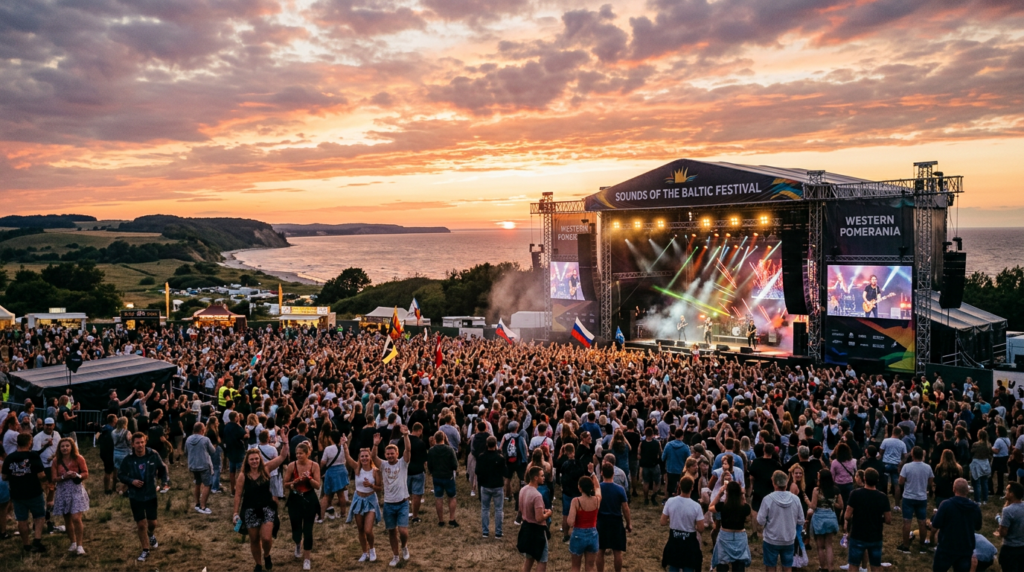 A cinematic, wide-angle shot of a vibrant outdoor summer music festival stage at sunset in the pictu