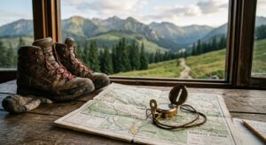 A high-quality editorial shot of a vintage map and a compass resting on a wooden table beside a pair