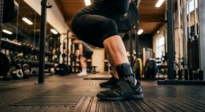 A professional editorial photograph of a close-up on an athlete’s leg wearing a premium ankle brace