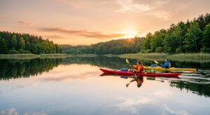 A professional editorial-style photograph featuring a pair of kayaks on the glassy surface of a Mazu