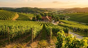 A cinematic, professional editorial shot of a sunny, lush vineyard in the Lubuskie region of Poland,